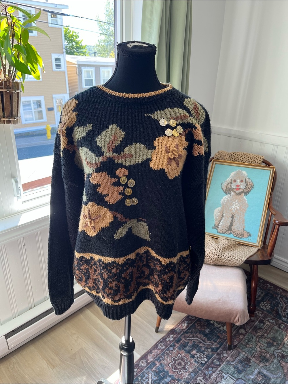 Women’s Vintage Black Floral Knit Sweater with Gold Coin Accents Size L